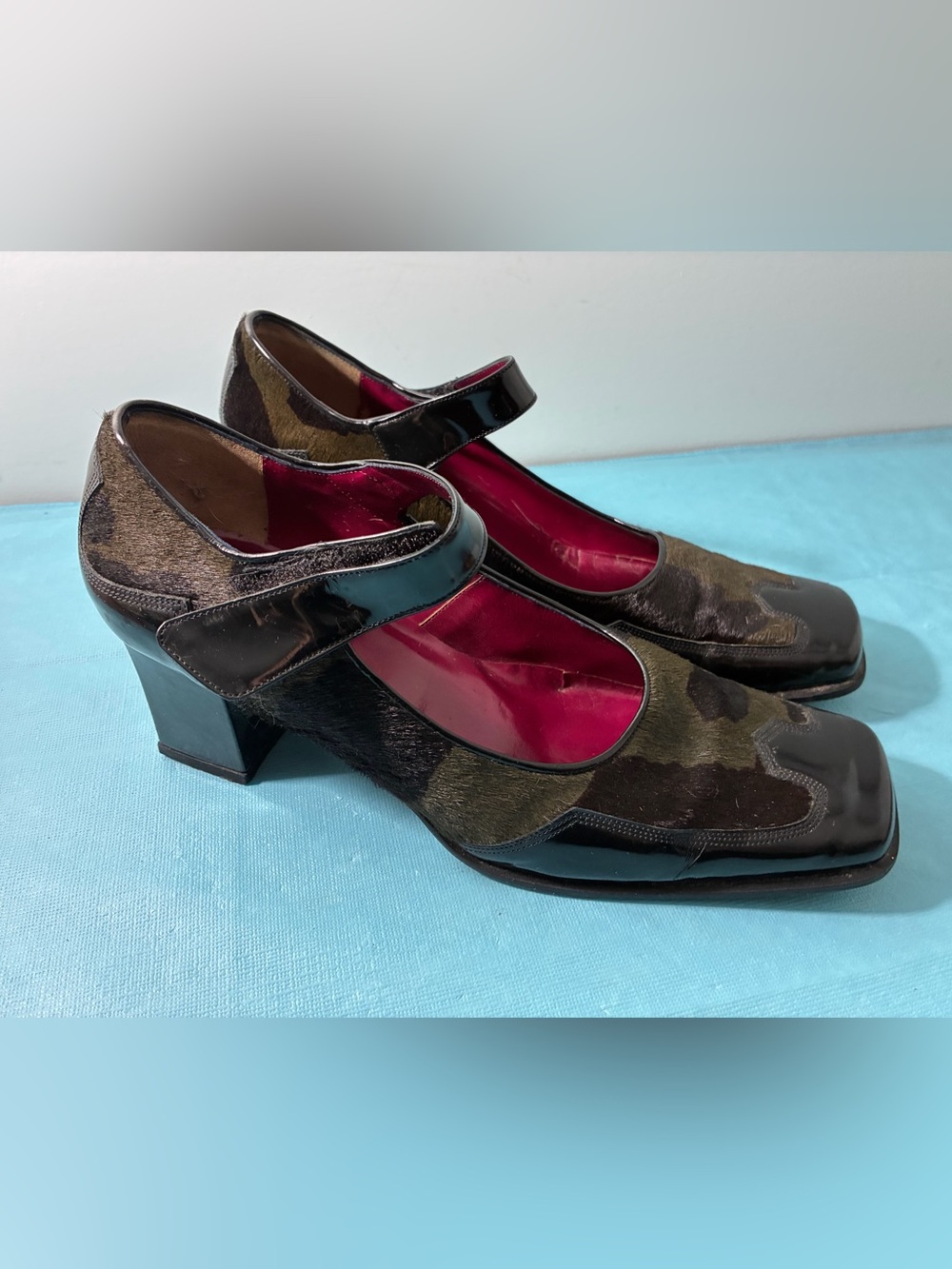 SOPHIA Women’s Camo Mary Jane Block Heel Pumps - Black/Olive Size 38.5